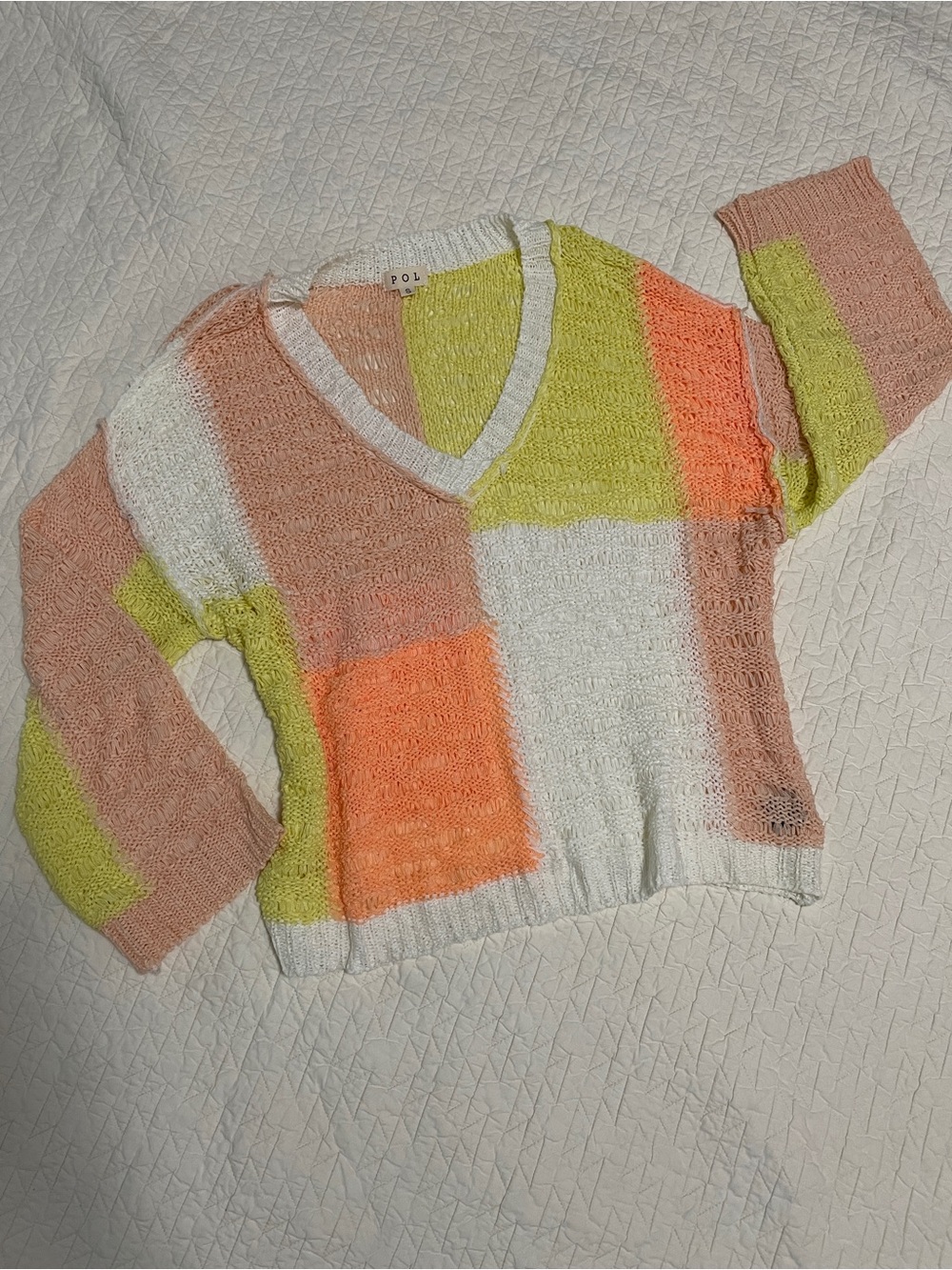 POL Colorblock V-Neck Sweater in White, Peach, Lime, Coral